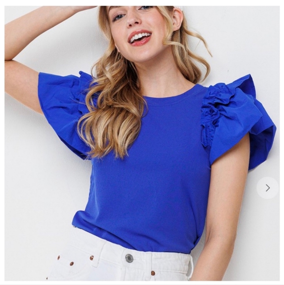 Bold and Playful: Royal Blue Ruffle Sleeve Blouse